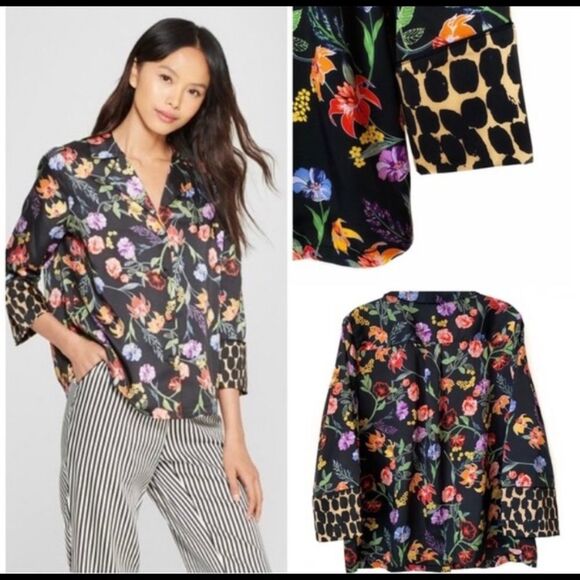 Who What Wear Black Floral V Neck Pajama Style Satin Silky Blouse - Picture 1 of 9